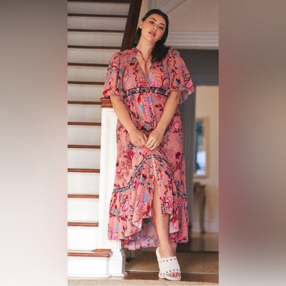 Anthropologie Ruffled Embroidered Maxi Dress Women Casual Printed Boho Cut Out M - Picture 13 of 15